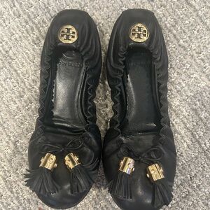 Tory Burch Black Leather Flats with Gold Accents size 6